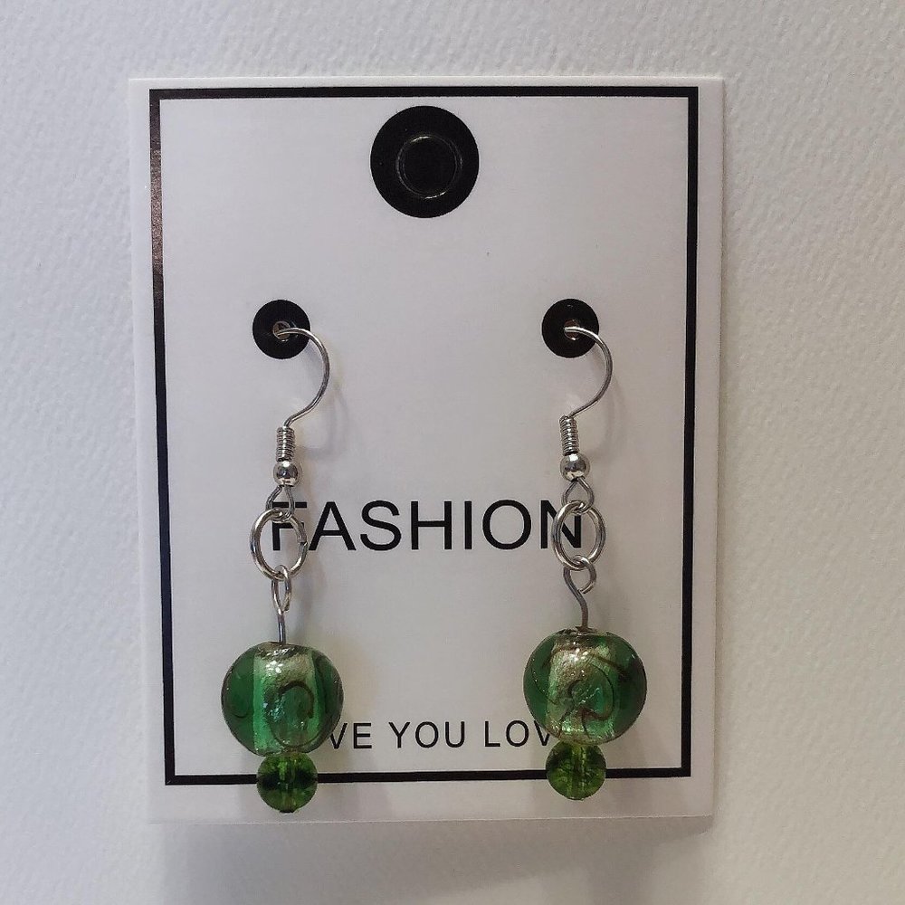 Green and Gold leaf glass beads earrings